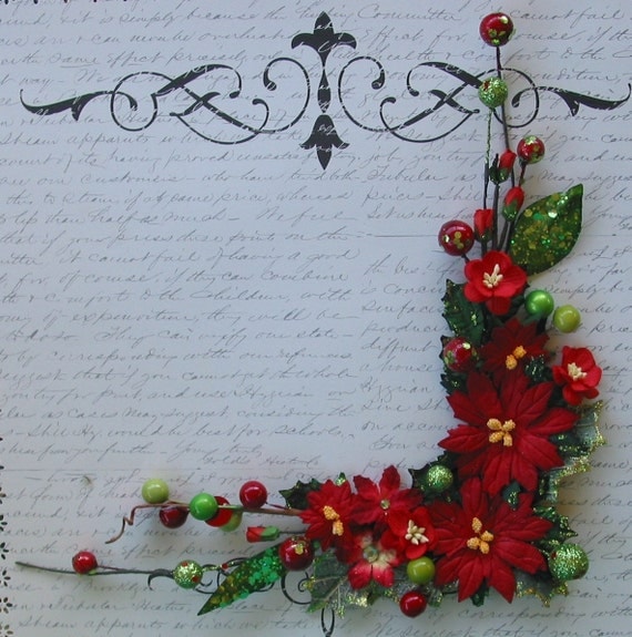 Apple Green and  Red Poinsettias Corner Bouquet for Scrapbooking