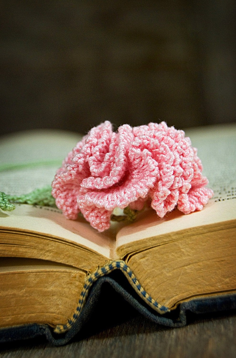 Crocheted Pink Carnation Flower Bookmark