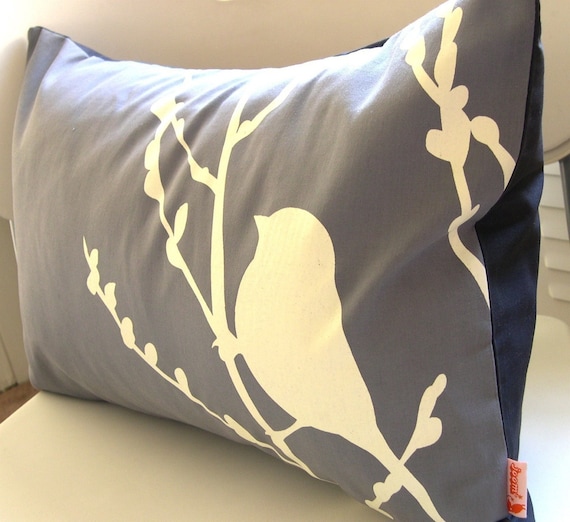 Slate Bird on Cherry Blossom Pillow