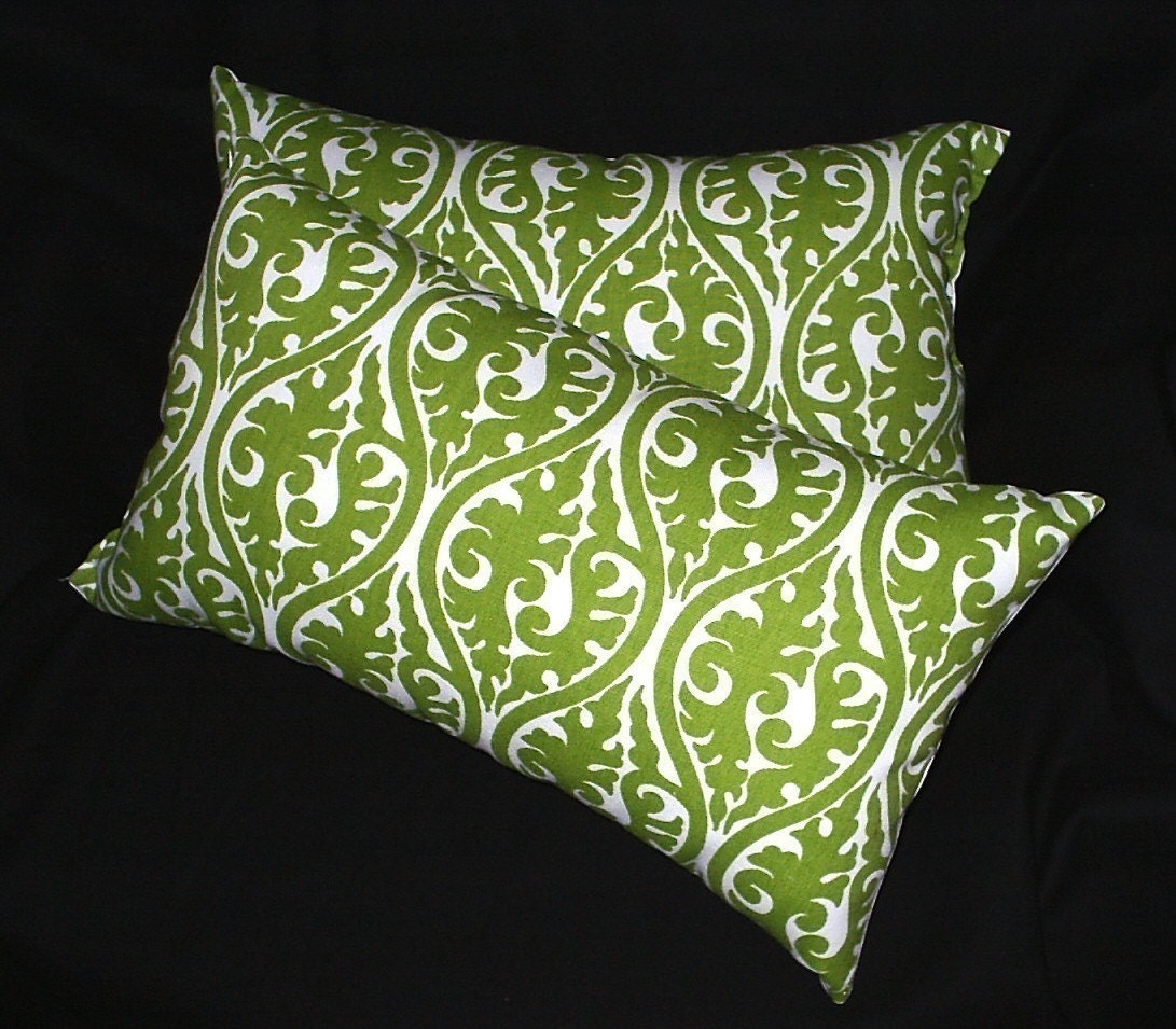 2 Bright Green Damask Print Scroll Fabric Pillows