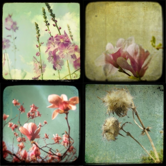 SALE - Softness - a sea of greens and pinks spring and summer soft delicate flower photos ready to frame and hang on your walls - Set of 4 5x5 Metallic TTV Flower Fine Art Photos