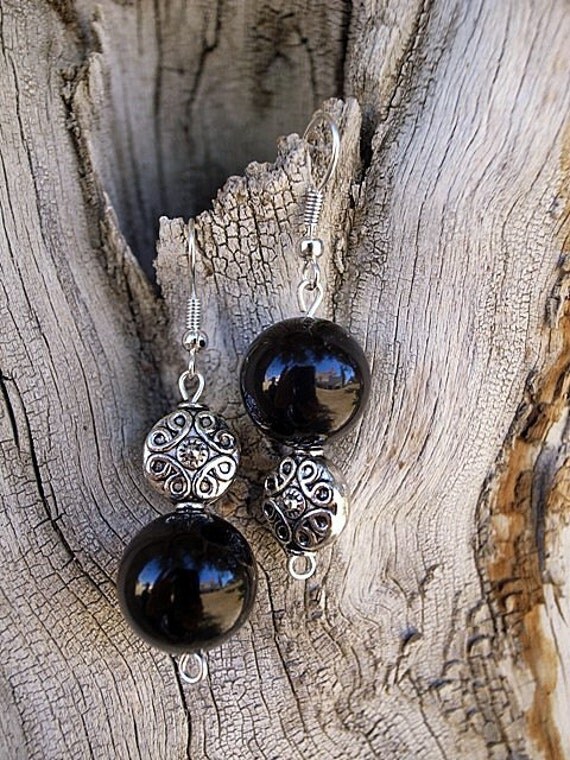 bali silver beads. Black Onyx Earrings with Bali Silver Beads. From LaJollaCreations
