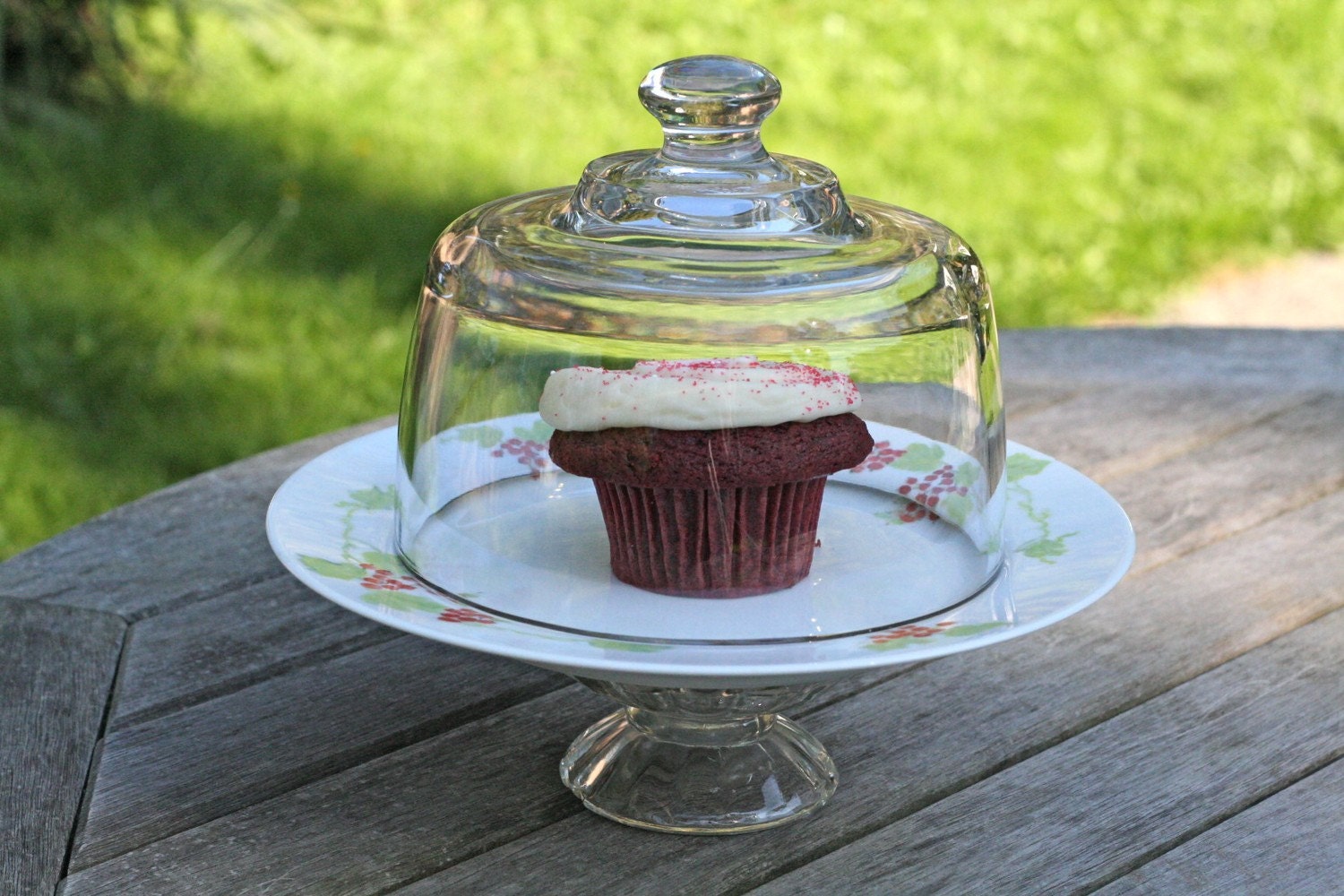 Cake stand with dome, cupcake stand or dessert display pedestal- Berry Sweet