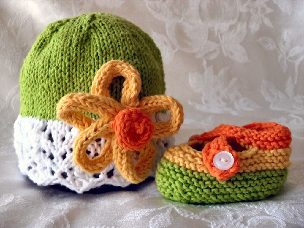 COTTON HAND KNITTED Lime Green and White Lace Cloche with Yellow and Orange Flower and Matching Cross-strapped Booties
