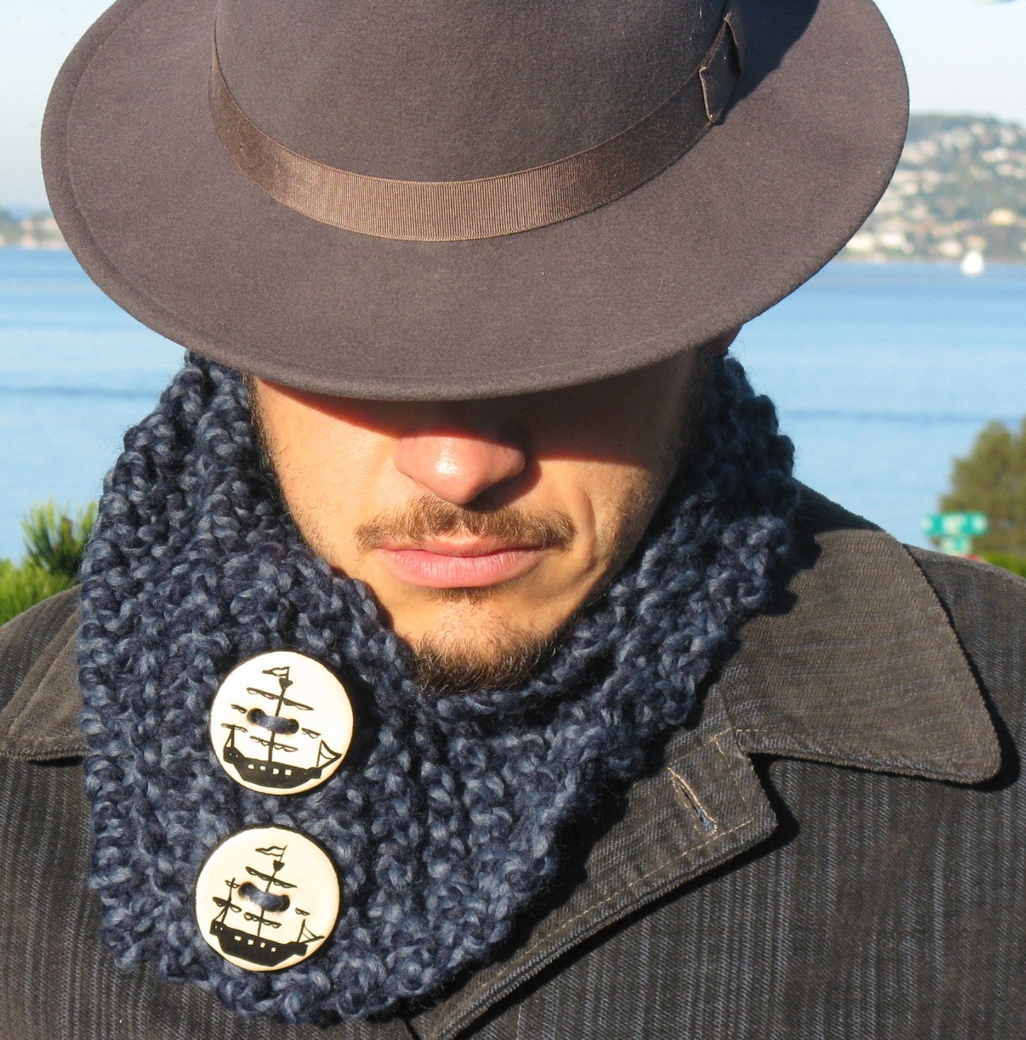Nautical Gentleman's Cowl with Handpainted Buttons