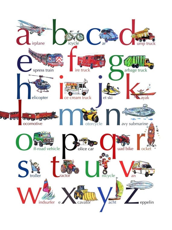 Vehicles ABC alphabet poster, 18 x 24