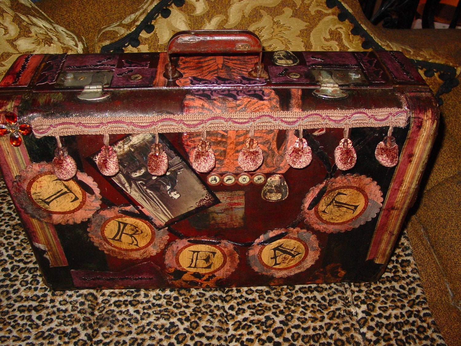 Trick or Tweet GOTHIC  recycled vintage suitcase from the 1940s  USE TO STORE your Halloween costume or as prop