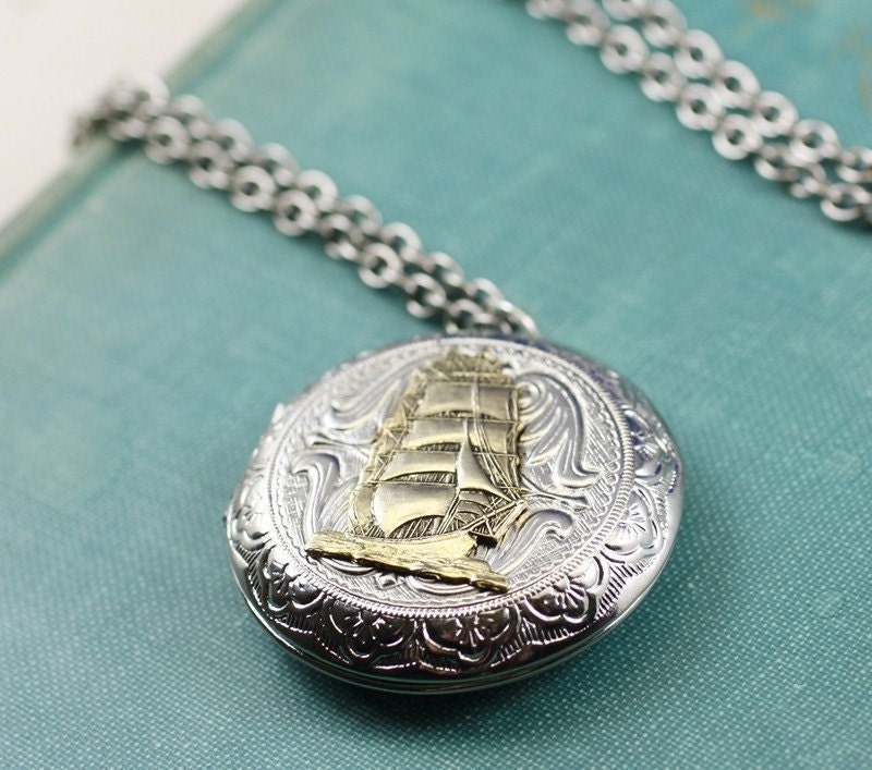 Pirate ship locket necklace large victorian silver