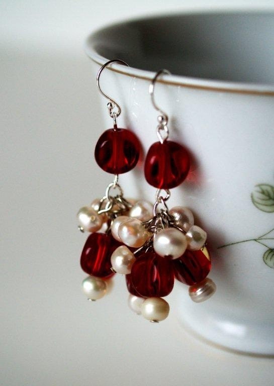 Red Glass Bead and Pearl Earrings