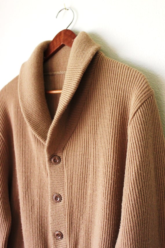 Vintage Knit Cardigan Camel Grandpa Sweater prep S/M