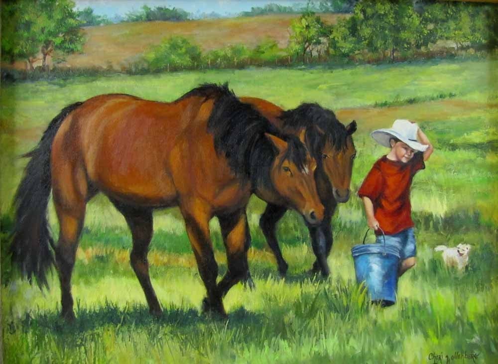 Bringing the Horses In - FRAMED 18x24 Oil on Canvas