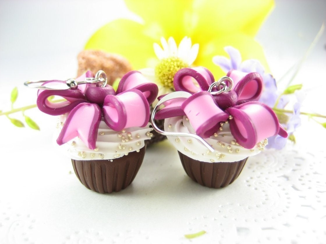 Chocolate Cupcake with Bow Earrings