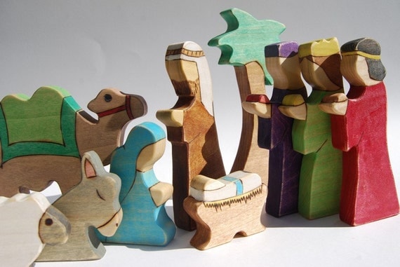 RESERVED Waldorf Inspired Wooden Nativity Toy Set Ten Pieces