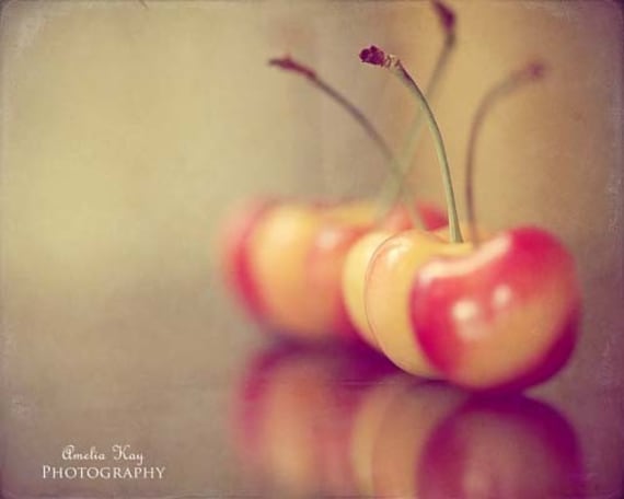 30% OFF SALE - Sweet Cherries - Fine Art Food Photography Print - ACEO (2.5x3.5) - In Stock - Rustic - Red Peach and Orange with Earth Tones dreamt