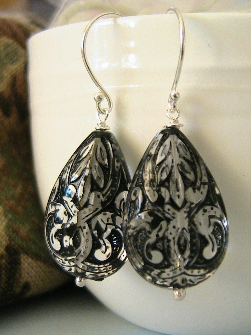 Victorian Black Lace - Lucite and Sterling Silver Earrings