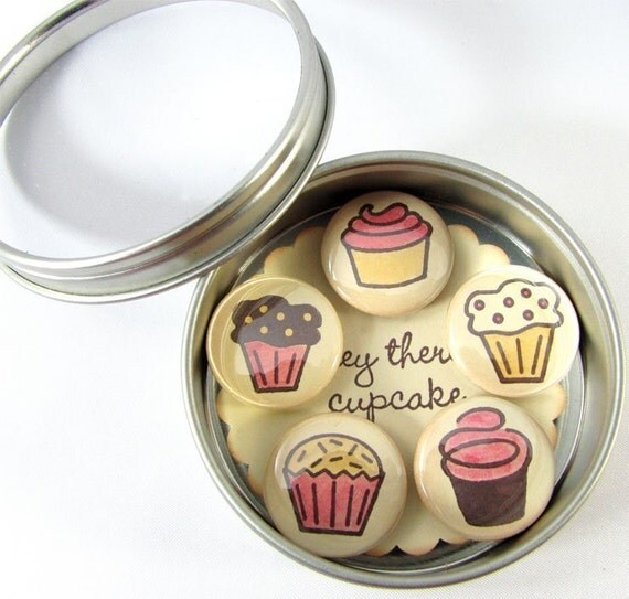 5 Piece Magnet Set - Hand Stamped and Painted - Cupcakes Design