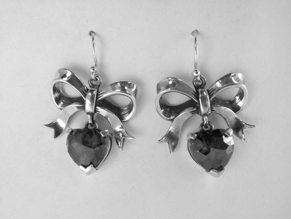 Sterling Silver Bow Earrings with Hanging Heart Stone