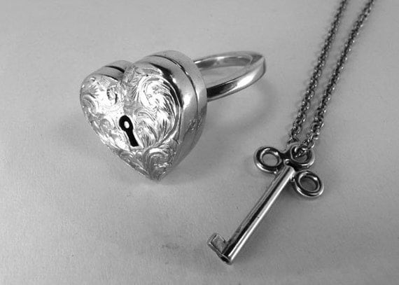 Locking Engraved Heart Locket Ring with Key on Chain Necklace