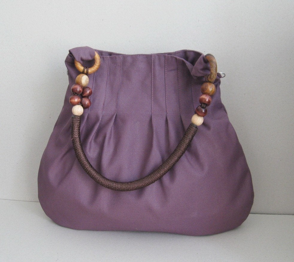 Plum Canvas Bag With Rope Beads Strap