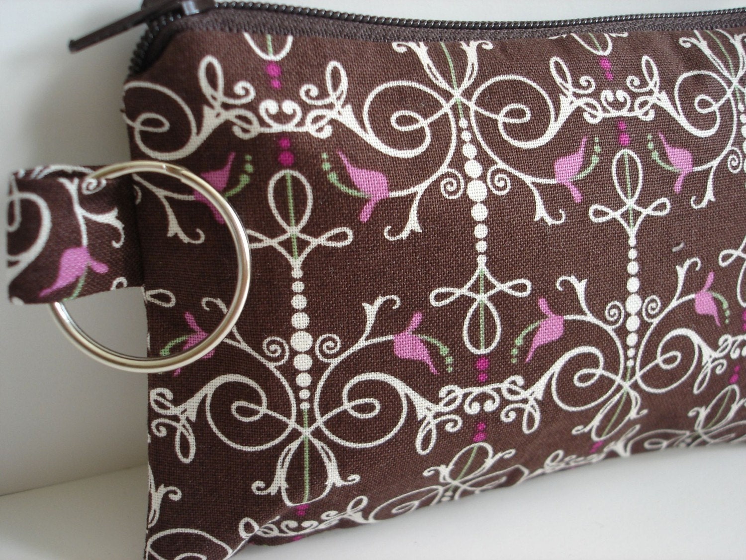 Small Zippered Pouch in Brown and Pink Print