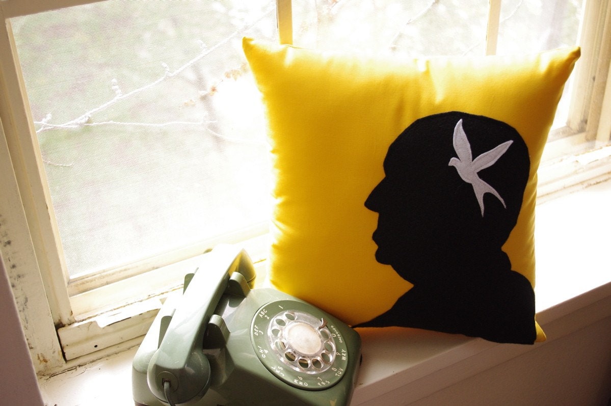 Alfred Hitchcock Silhouette Pillow on Goldenrod Fabric