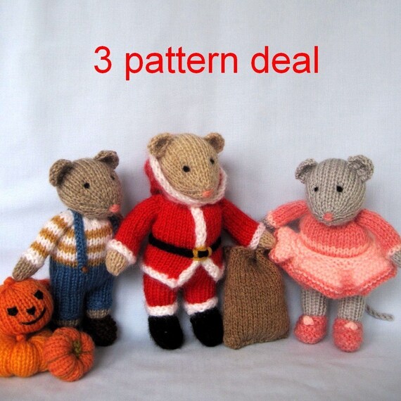تصویر در تصویر ، سانتا و دارسی -- 3 الگوی معامله -- عروسک اسباب بازی knitted موس -- ایمیل اف بافندگی الگوی
