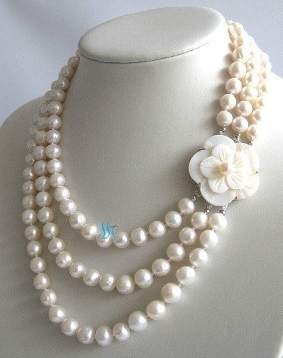 Free shipping-17-20 inches 3Row 7-8mm White Freshwater Pearl Necklace