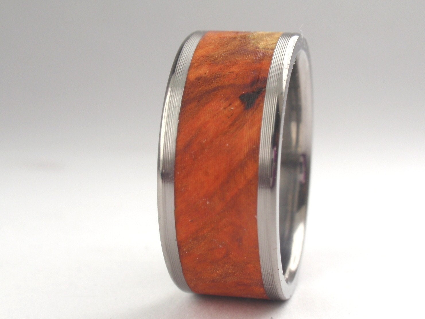 Amboyna Burl Wood Inlaid in Titanium Ring - Wooden Band Wedding Ring. From jewelrybyjohan