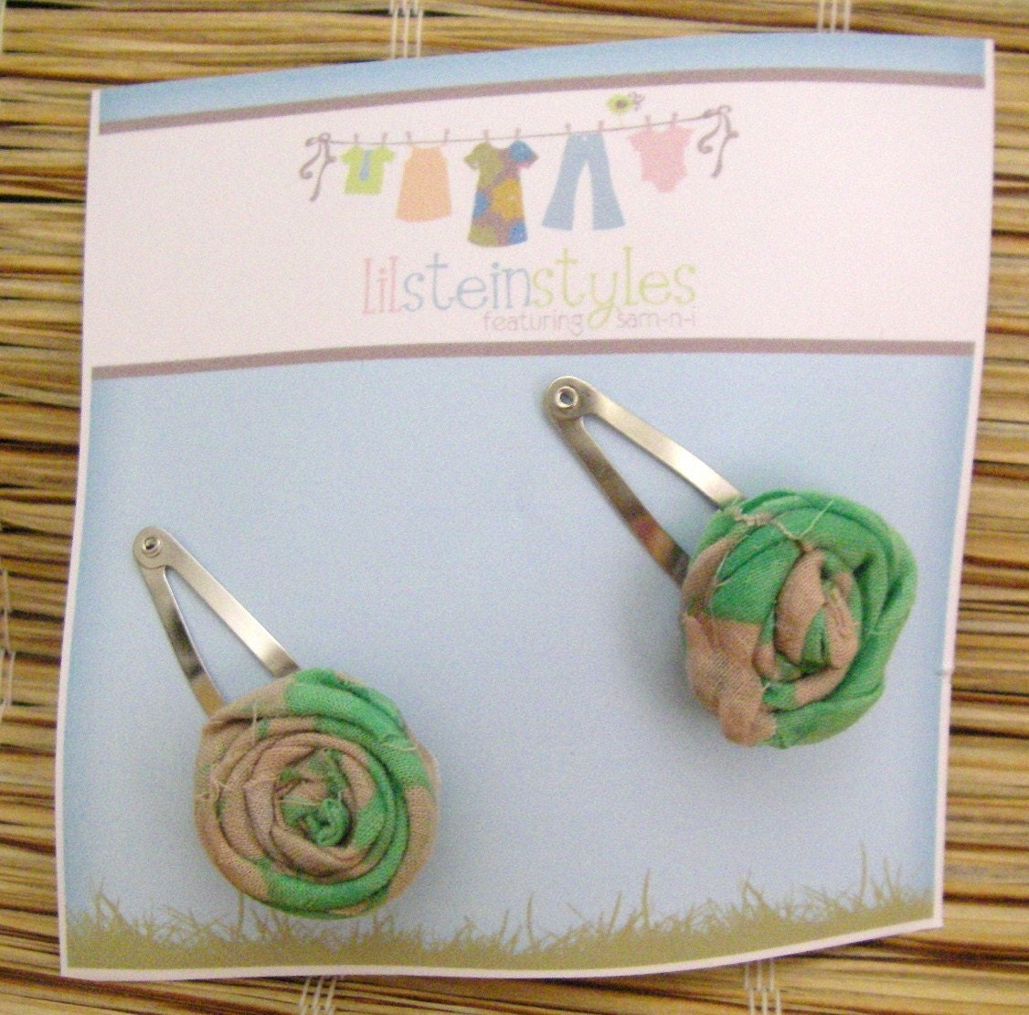 Cute little funky scrappy green and taupe fabric rosette clips