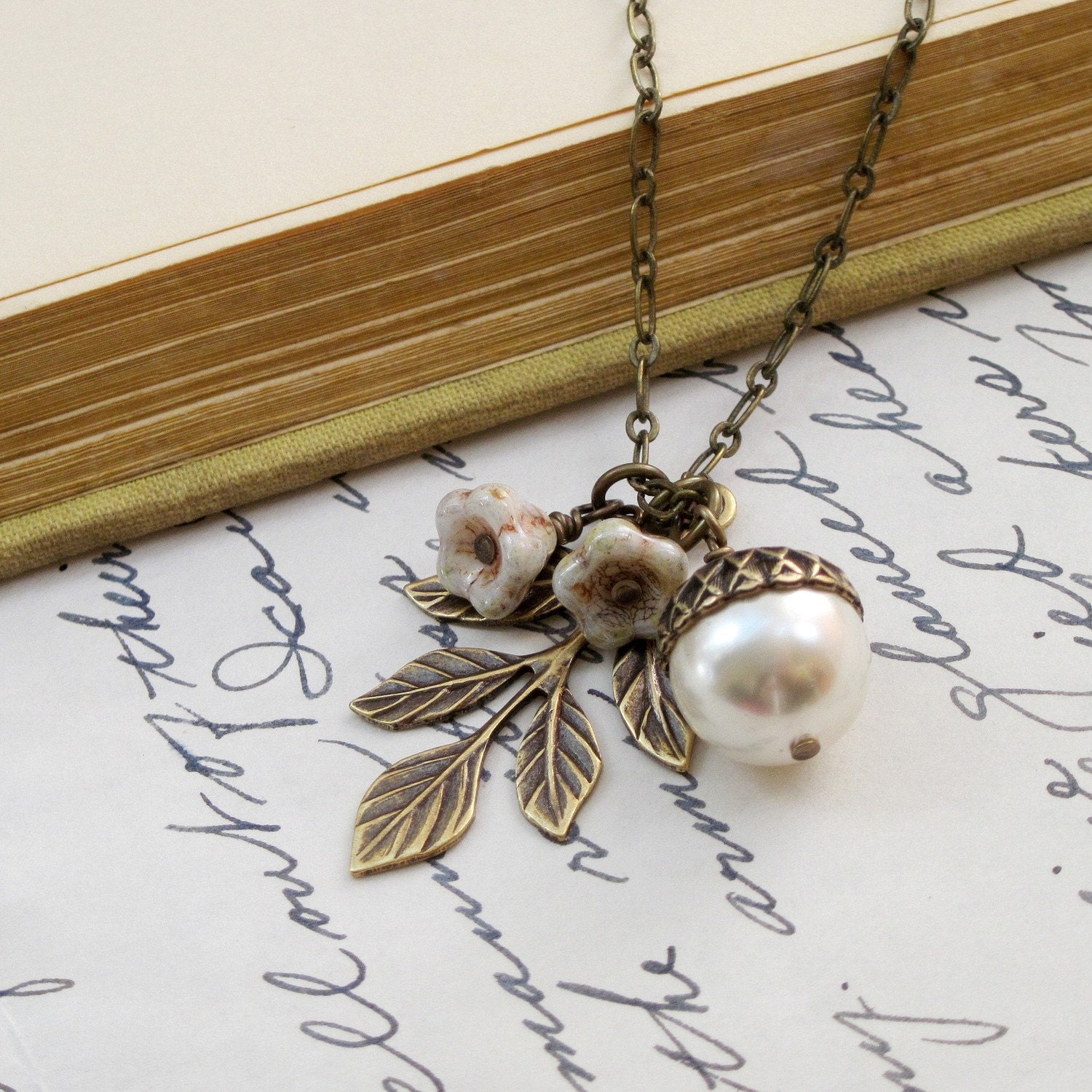 Necklace. Jewelry, Acorn, Pearl, Leaf, Leaves, Green, Cream, Glass, Flowers, Holiday, Winter. Nutcracker. Vintage inspired jewelry by Lauren Blythe Designs Jewelry on Etsy.