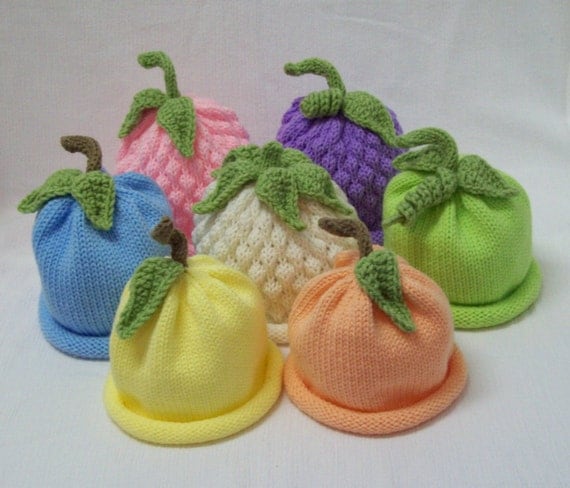 Knit Fruit and Veggie Hats Sweet Baby Pastel 3 Pak  Great Idea for Professional Photogrphy Prop sized to fit Infants and Babies