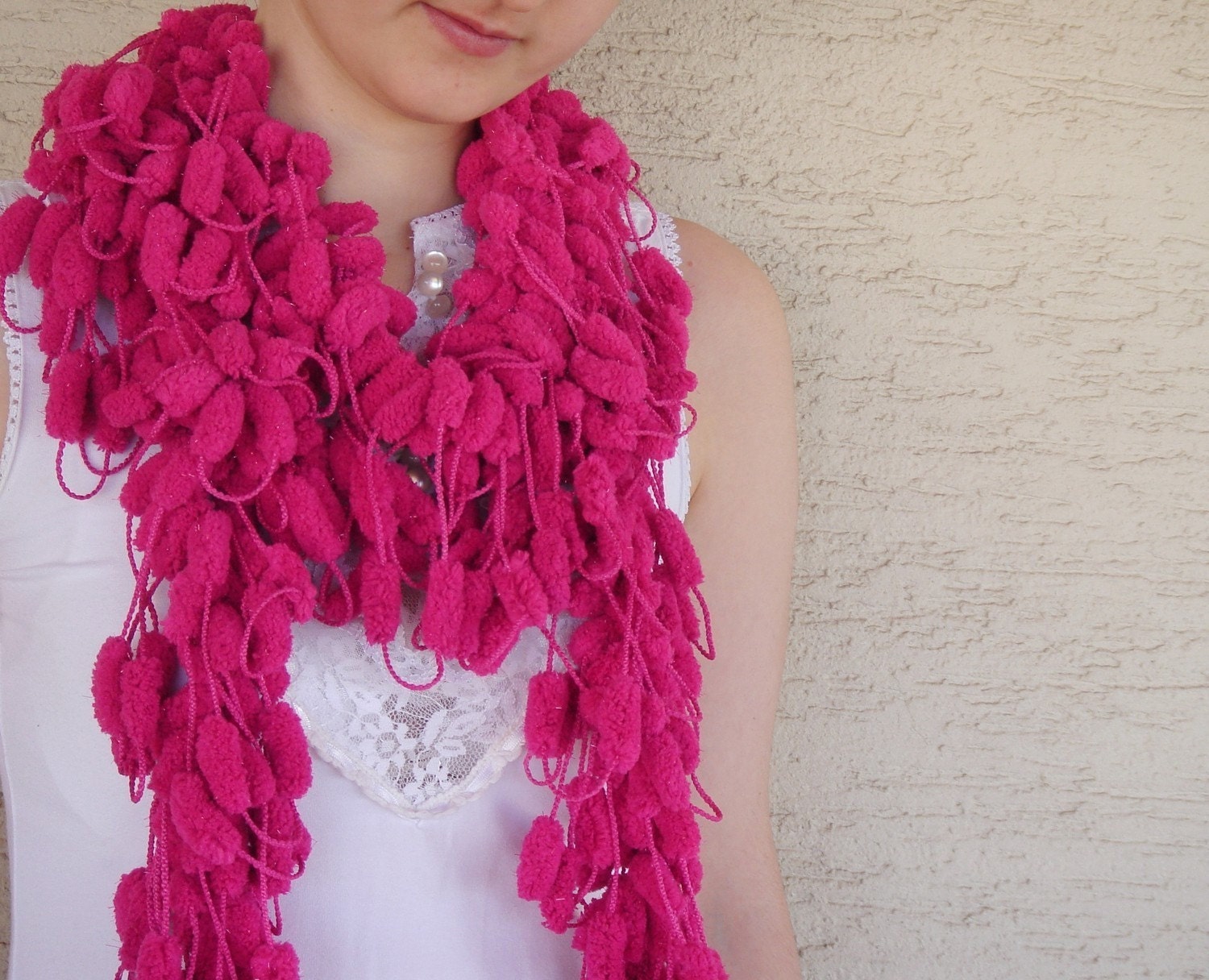 Soft Deep Pink Shining POMPOM Scarf -  Very Soft Neckwarmer, cowl, necktie, mom, winter accessories, modern
