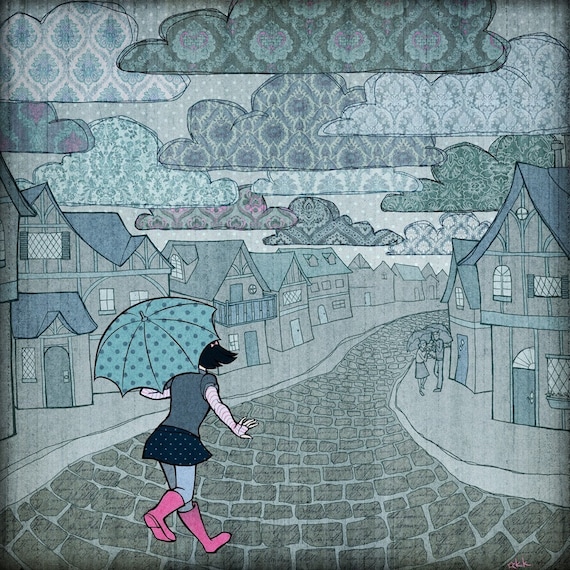 Umbrellas in the Rain - Art Print Signed 8x8