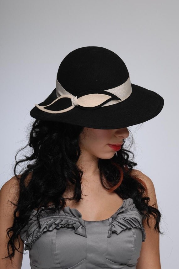 Vintage film noir art deco black and white femme fatale gangester felt wool bollman hat