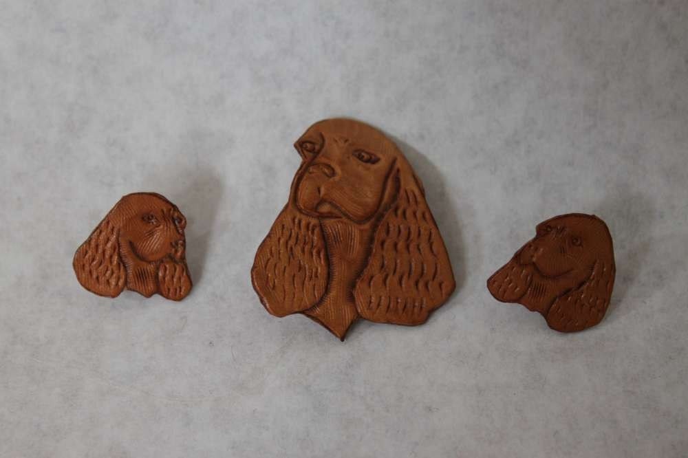 Vintage whimsical kitch figural 1960s 60s does 1940s 40s matching Dachshund head shaped brown leather dog brooch pin earrings set