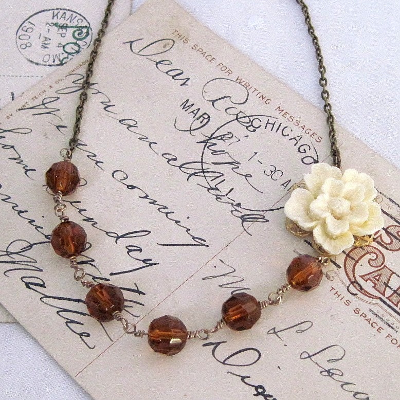 Necklace. Jewelry, Flower, Sakura, Vintage Style, Cream, Ivory, Amber, Glass Beads. Decade. Vintage inspired jewelry by Lauren Blythe Designs Jewelry on Etsy.
