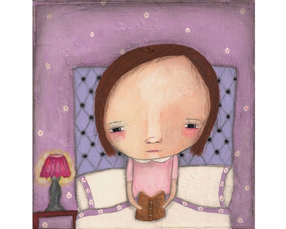 Reading in bed is my favourite thing to do - Mixed media whimsical original painting