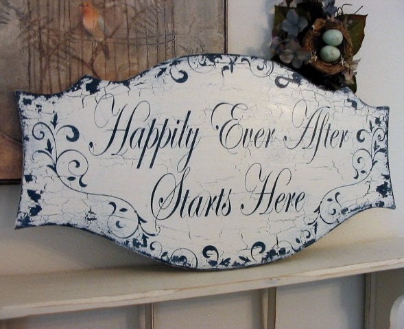 HAPPILY EVER AFTER STARTS HERE Shabby Cottage Wedding Signs 26 x 14
