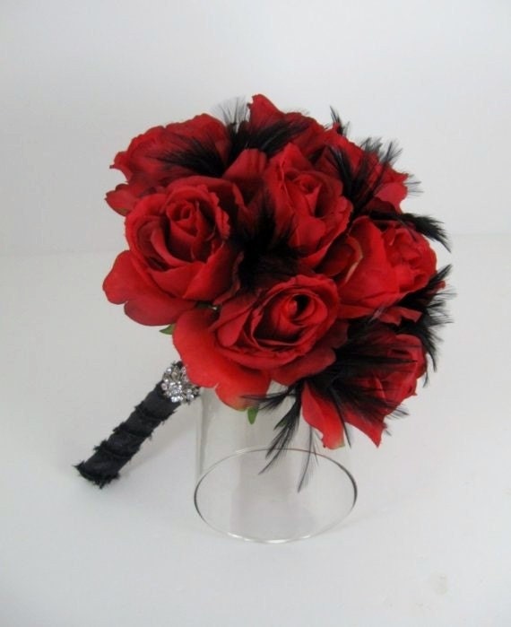 Red Rose Black Feather Rhinestone Brooch Silk Bridal Bouquet