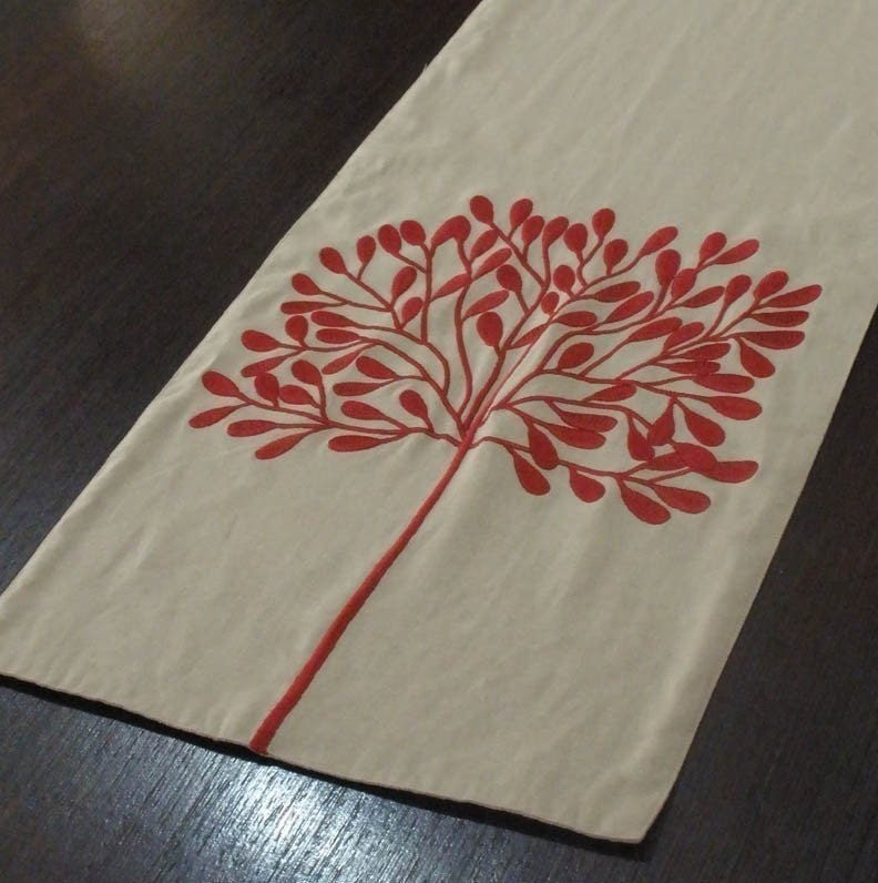 Red Tree Table Runner - 14 x 64 inches Linen Table Runner with Tree Embroidery in Red