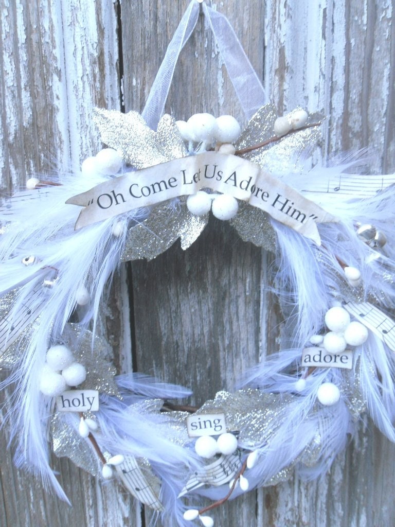 Oh Come Let Us Adore Him feathered wreath