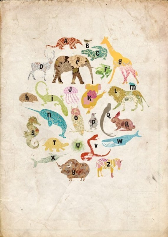 SALE - Animals Alphabet Poster in vintage style by MarlaSea on Etsy