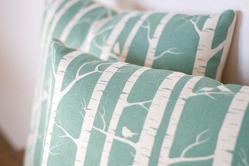 Set of 2 Handprinted Birch Forest Cushion Covers in Robins Egg (Pillow Covers)
