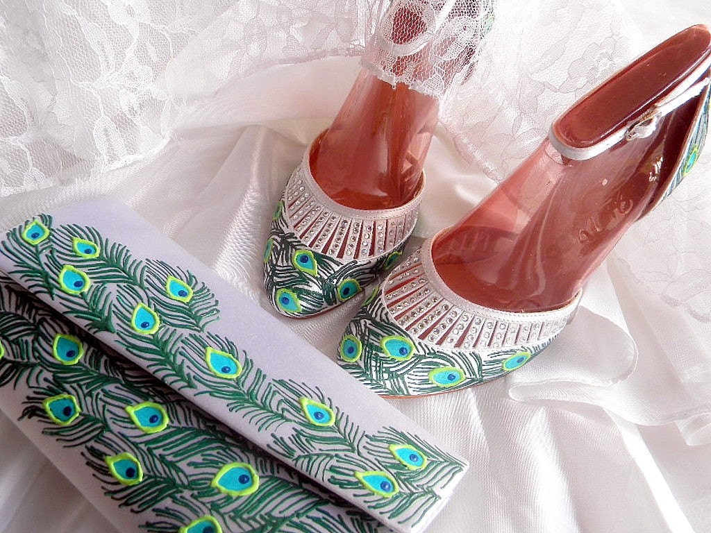 Wedding Bridal set shoes and clutch peacock feather