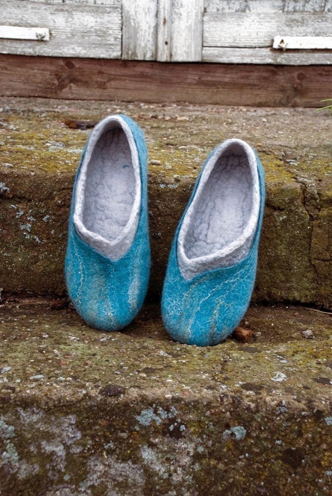 Felted slippers made of softest merino wool 2in1 TURQUOISE AND GREY