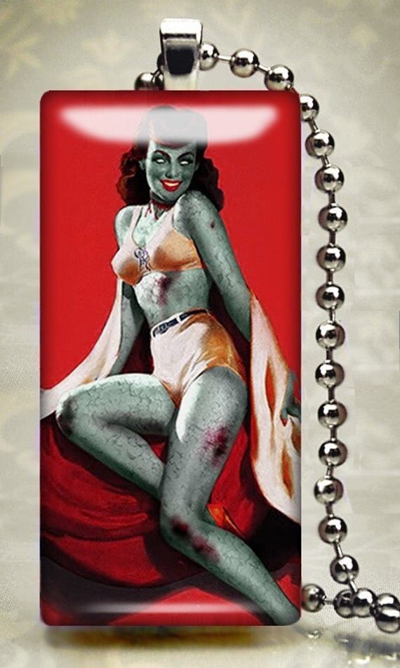 zombie pin up girl art. Zombie Pin-Up Girl Horror Glass Pendant Necklace 283REC. From KasketKustoms