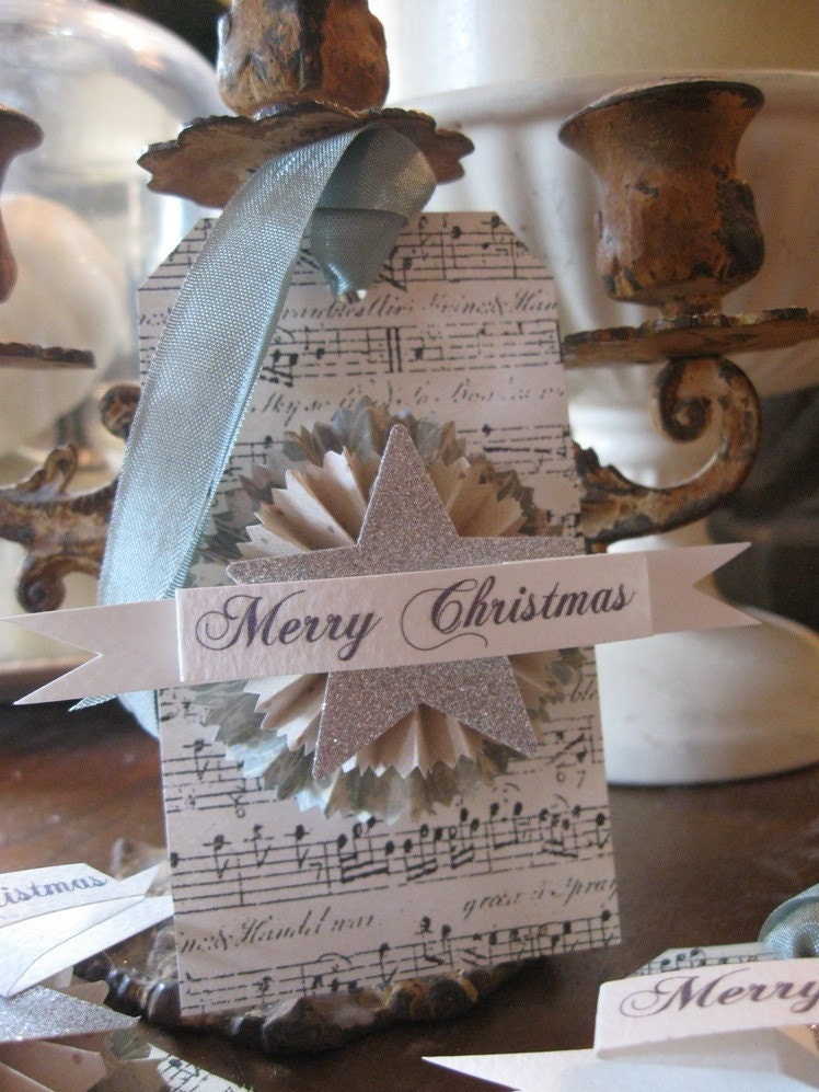 Set of 4 MERRY CHRISTMAS Paper Rosette SILVER GLITTER STAR Large gun metal green gray slate Luggage Gift Favor Party Hang Tag Shabby Chic French Aged Sheet Music Christmas Holiday ornament
