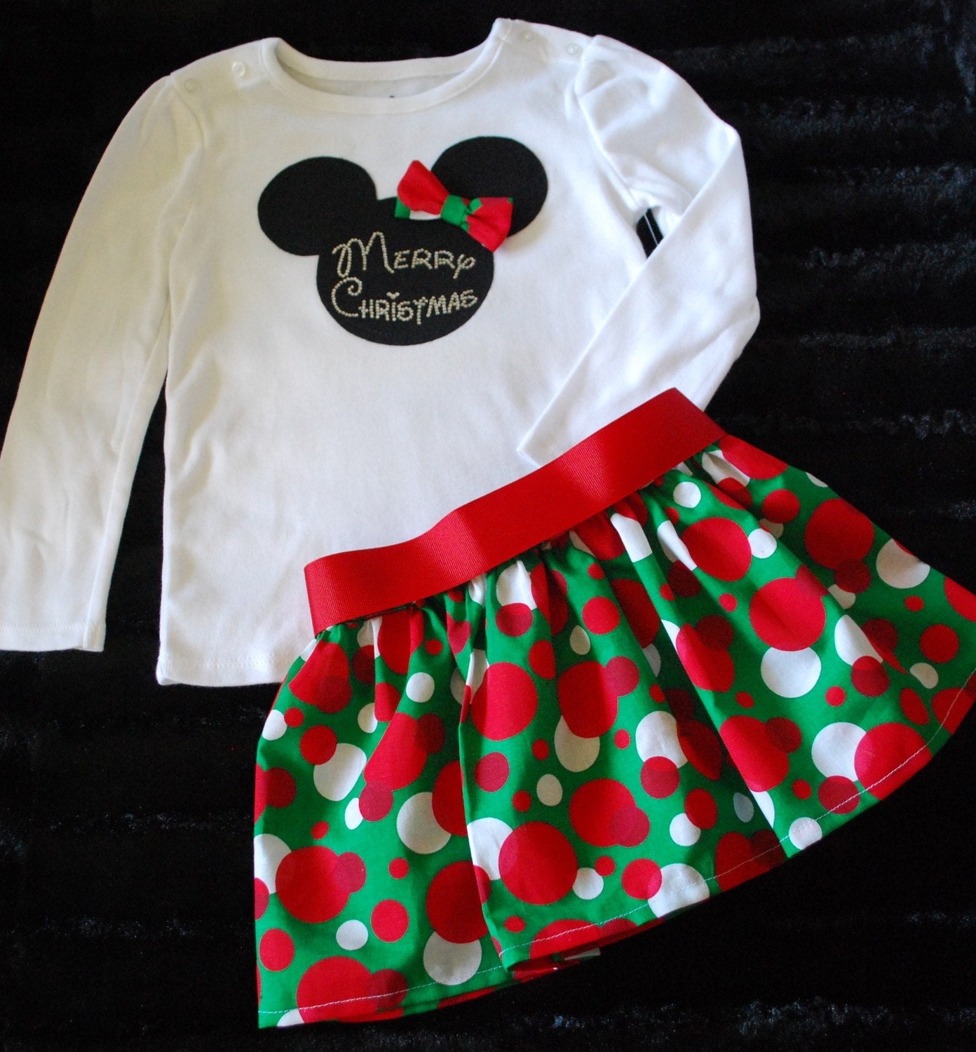 Minnie Mouse Christmas Shirt and Skirt Set with Rhinestone Personalization