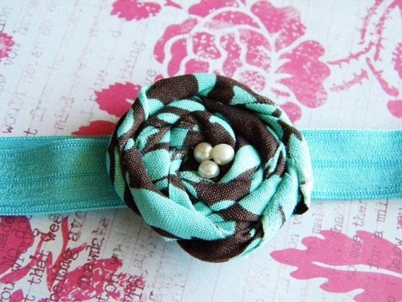 Chocolate Brown and Turquoise Fabric Rosette on Matching Turquoise Elastic Headband
