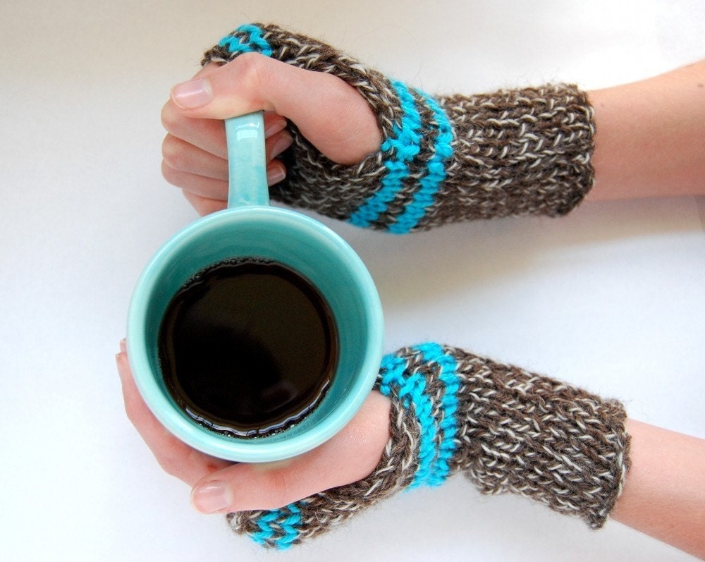 Stripe Wrist Warmers - Brown and Turquoise